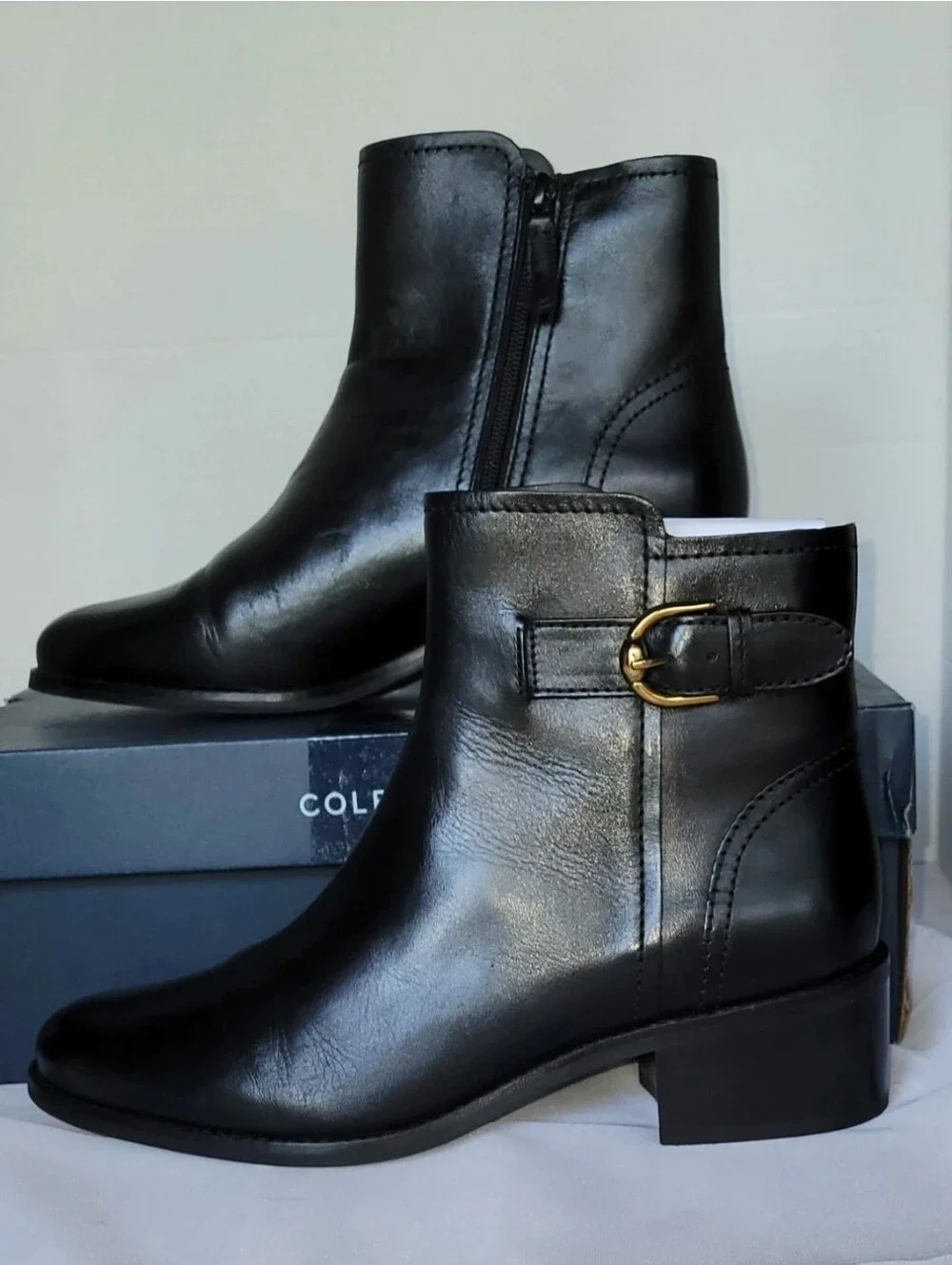 Cole Haan Women's Hanover Black Leather Ankle Boots with Gold Buckle